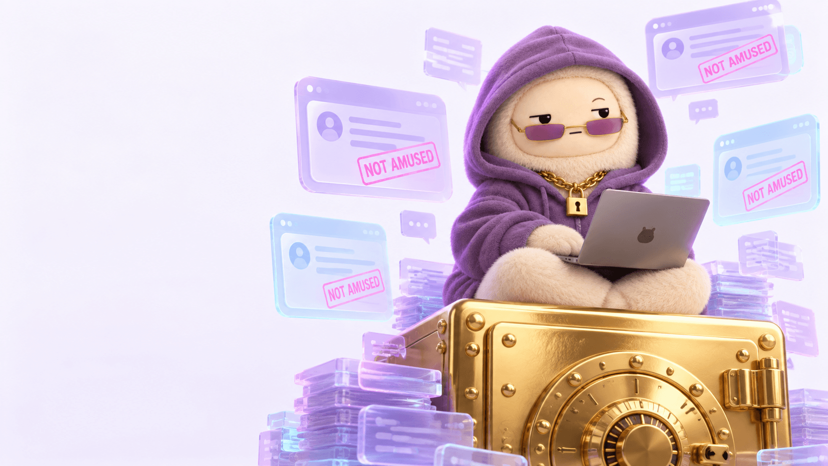 amusa in her lavender hoodie, sitting on a golden vault with a laptop, surrounded by messages stamped NOT AMUSED